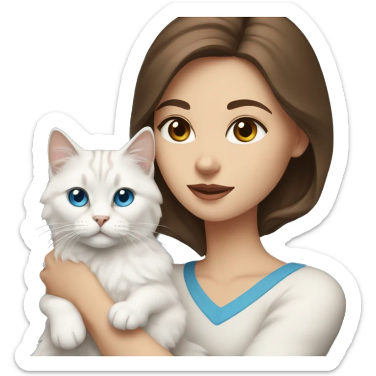 woman with brown hair and holding a all white Siberian cat with blue eyes sticker