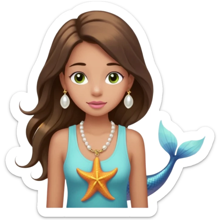 Create a teen girl wearing a light blue tank top. She will have long brunette hair, tan skin, pink lips, and grey-green eyes. She has long eyelashes. She also has light freckles and is wearing a gold charm necklace that has an n on it, a pearl, a sun, a starfish, a mermaid tail, and seashell sticker