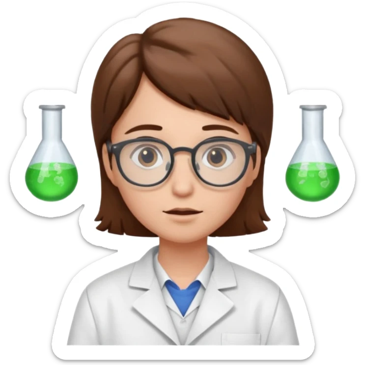 Portrait of a young scientist wearing a white lab coat, glasses, curious expression sticker