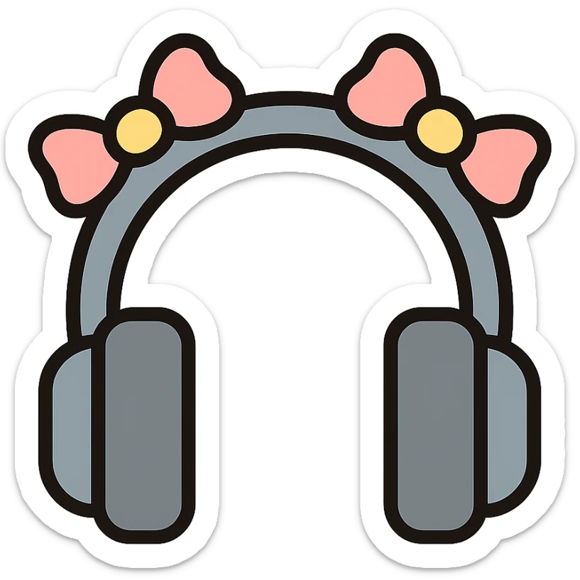 gray headphones with light pink bows on top of the headband, color outline icon style sticker
