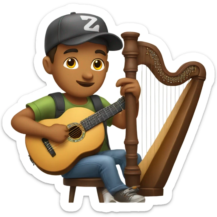 Young guy casual with ball cap playing a big harp that looks similar to a banjo  sticker