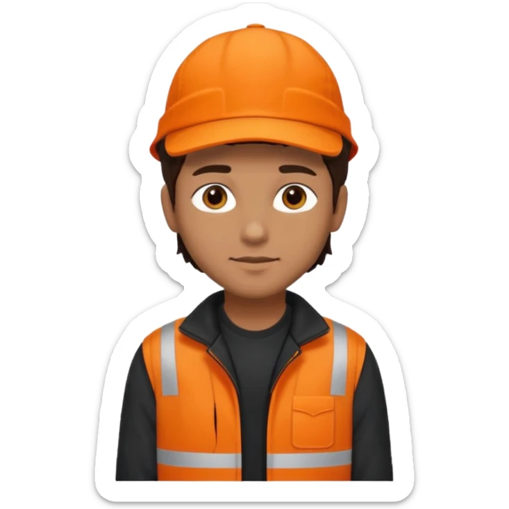 Kindly Keyin (male) with dark brown hair, orange cap and shirt, black jacket sticker