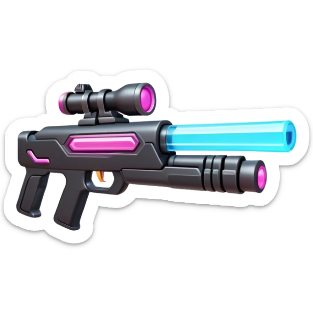 Clash of Clans aesthetic: Cinematic Playful Laser Rifle Emoji, rendered in a 3D vector-style similar to standard emojis with minimal shading and bold, simplified shapes. A compact, sleek energy weapon with futuristic contours and a glowing barrel, softly glowing with a sci-fi battle charm. Simplified yet unmistakably iconic, highly detailed and consistent, glowing with a soft pulsating radiance and high shine. Stylized with a touch of cosmic engineering and a soft glowing outline, capturing the essence of a cutting-edge energy armament with a playful, dynamic aura! sticker