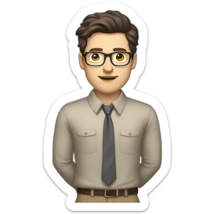 Full height Pale skinned Fit Man With dark brown hair in gray jacket, beige office shirt, tie, Brown pants and vintage glasses. Thrumbs of his palms directed up sticker