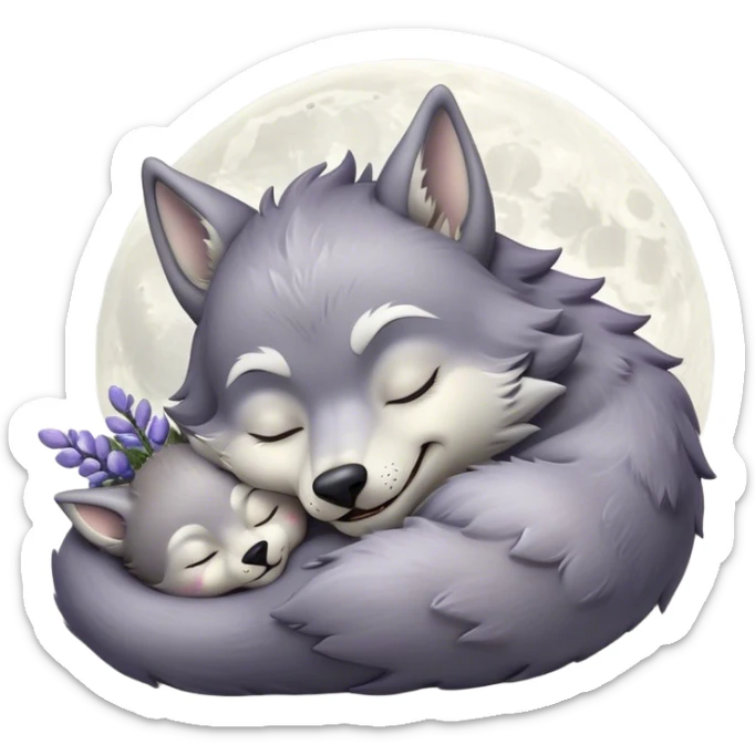 Meme-Worthy Cute Sleeping Werewolf Portrait Emoji, with a cuddly, miniature lupine form in soft moonlit grays and silvers, head resting peacefully with gently closed dreamy eyes and a small, content smile, simplified yet irresistibly endearing, highly detailed with a soft glowing outline that captures the cozy, sleepy essence of a werewolf after frolicking under the full moon! sticker