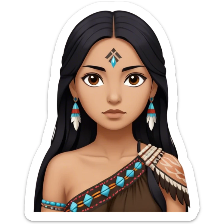 Cinematic Realistic Pocahontas Portrait, depicted with lifelike skin texture, soft natural lighting, and intricately detailed long, flowing raven-black hair that moves gracefully in the wind. Her deep, soulful dark brown eyes exude wisdom and strength, complemented by a serene yet powerful expression. She is dressed in her classic one-shoulder native american dress, with rich fabric textures and delicate beaded details that catch the light beautifully. The portrait features a soft, sun-kissed glow with a natural, radiant finish, capturing the essence of untamed beauty and deep connection to nature in a realistic and painterly style, evoking a sense of depth and authenticity. sticker
