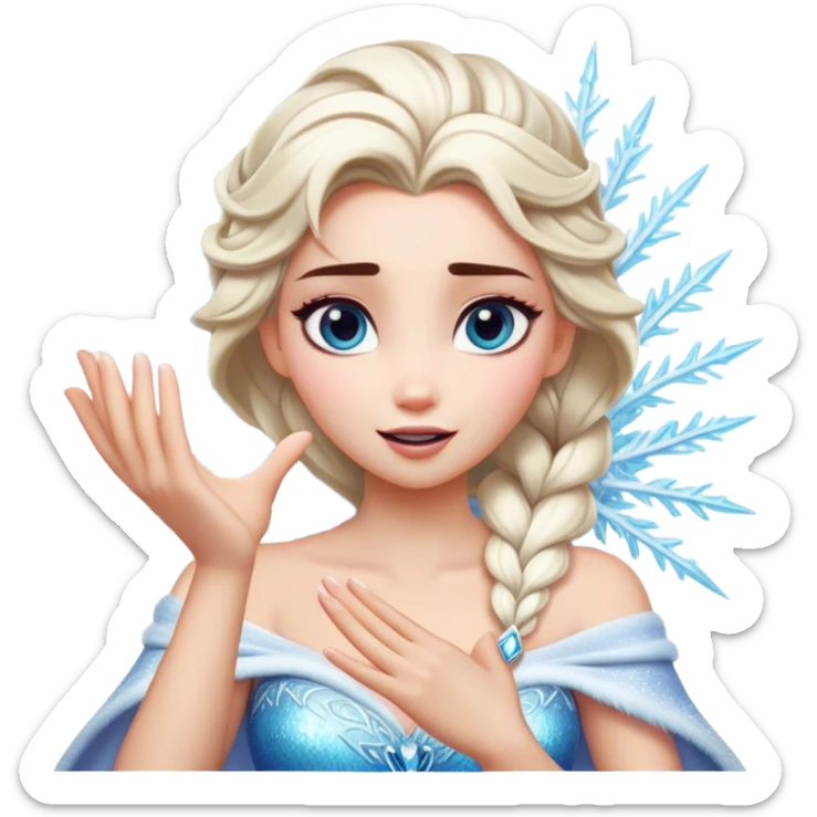 Cinematic Playful Elsa Portrait Emoji, Blowing frost from her hands in a dazzling display, eyes filled with mischief, exuding a magical charm that is both fun and enchanting! sticker