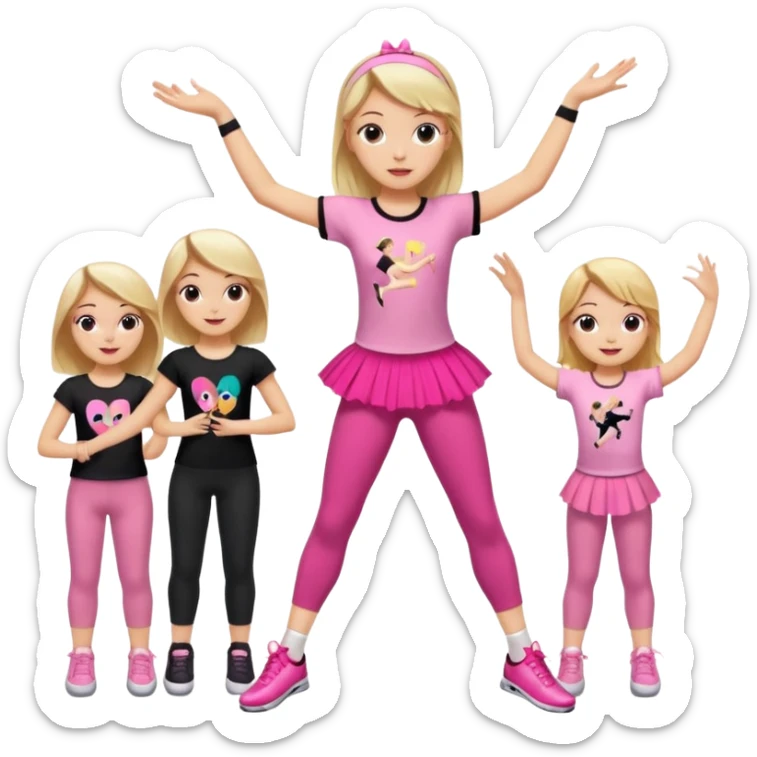 Hiphop dancer, with cute big pants, sneakers, and t-shirt. White girl blond. Coloufull shirt. No pocket pants. Dancing. Pink and black plain outfit. No sweatbands on the wrist, black music box behind her. Ballerina pose. with dancing kids behind her. With a music box sticker