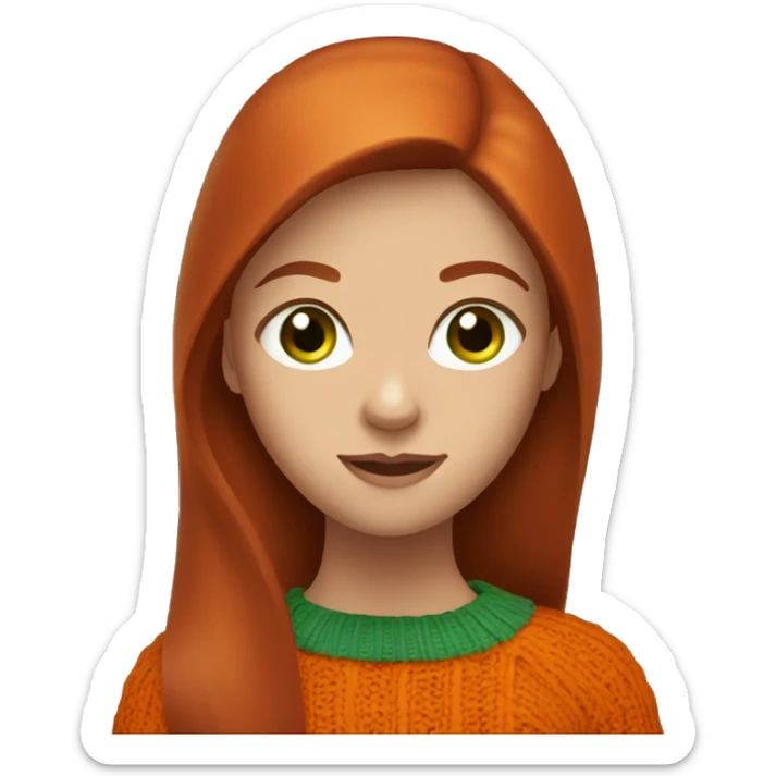 A dark redhead with straight long hair, a girl with green eyes in an orange sweater sticker