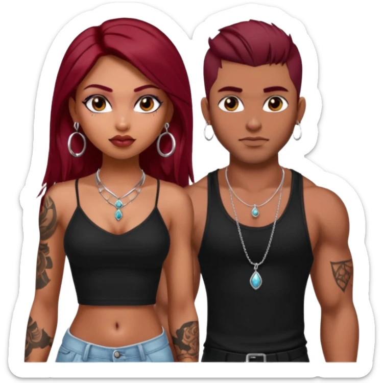 a pretty bratz fair indian girl with dark red straight hair, black cami top, silver dainty necklaces, rings, hoops, tattoos standing with two handsome lean but muscled guys sticker