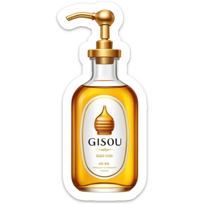 Gisou hair oil bottle, elegant glass bottle with gold cap, honey-infused hair oil, beauty product sticker
