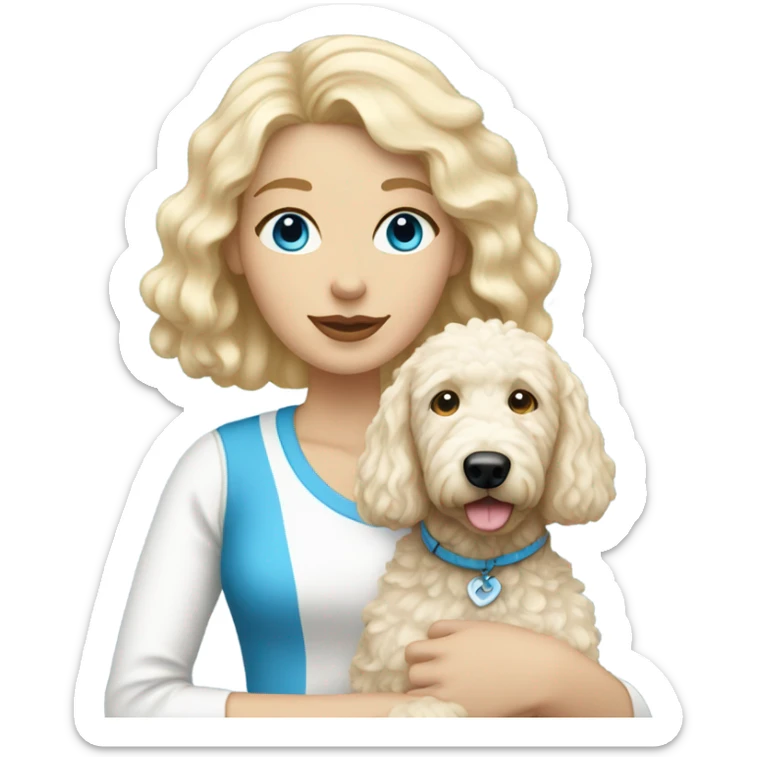 White lady with blonde hair and blue eyes and her white golden doodle dog sticker