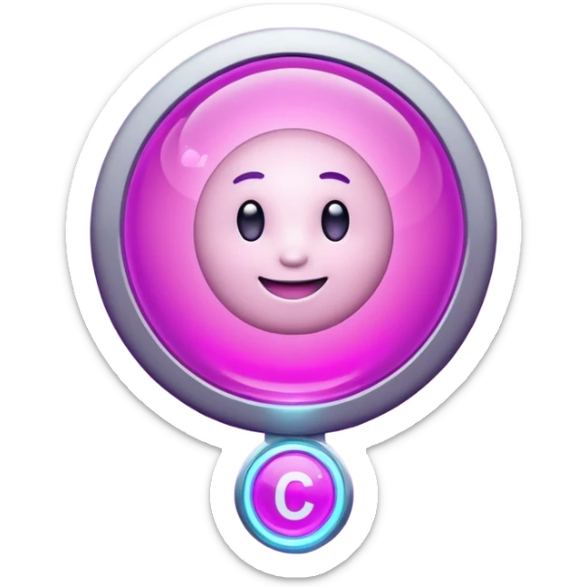 Friendly round AI mascot with a neon C badge, floating hologram in hands, purple-magenta glow. sticker