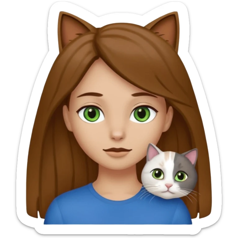 Crea un emoji donde salga un chico de pelo moreno con los ojos claros, una chica de pelo morena con los ojos marrones y UN gato europeo comun de pelaje oscuro y ojos verde claro, quiero que se esten abrazando el chico y la chica, y el gato este en el medio de los dos sticker