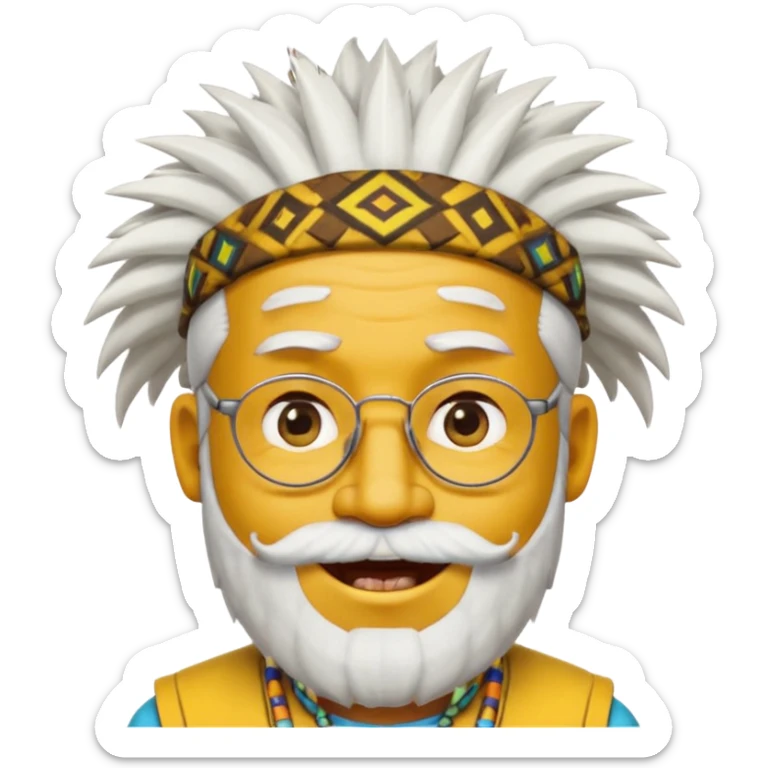 50 year old man, spiky hair, winking one eye, smiling brightly, black skin, raised eyebrows, wearing glasses, white hair and beard, wearing a yellow hat like a tribal chief, emoji style, style 2 sticker