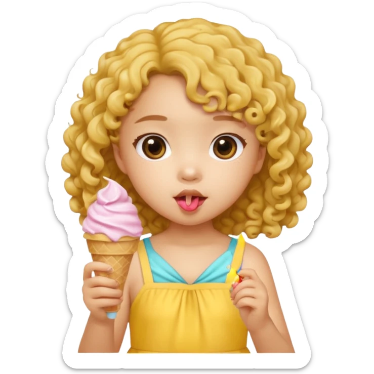 a little asian girl kid with curly hair, yellow dress, eat ice cream sticker