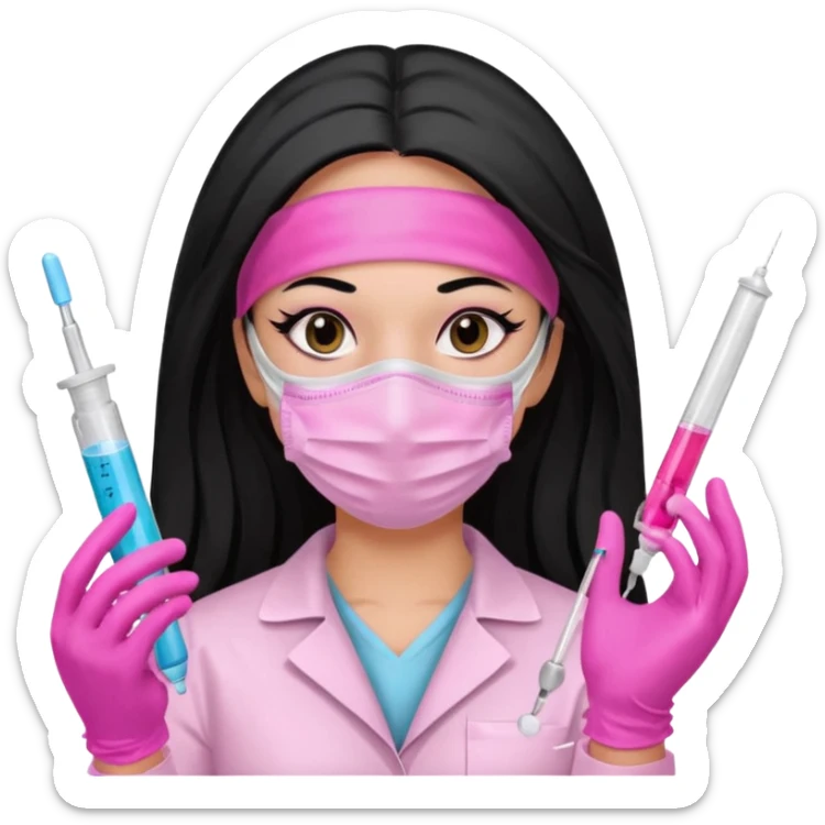 laboratorista con guantes rosa y mascarilla rosa  jeringa tubo laboratorio sin lentes  y  ojos negro cabello largo negro sticker