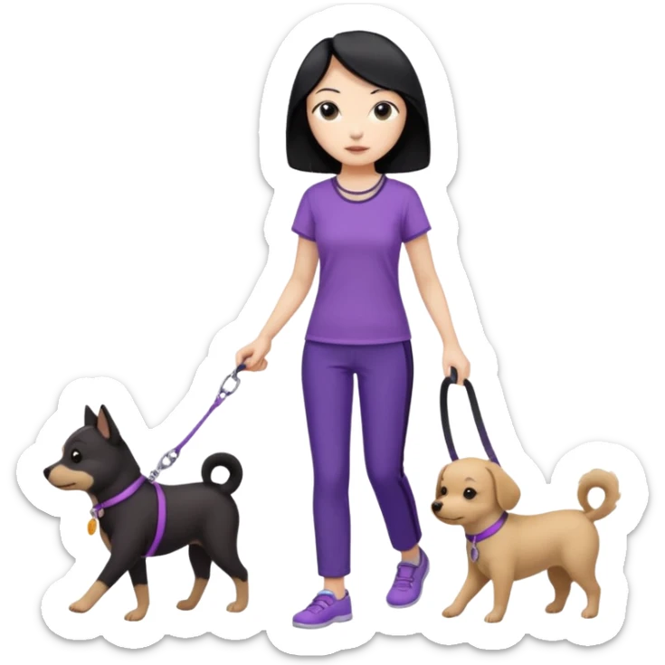 black hair Chinese woman wearing purple top and black pants walking 1 small light brown dog sticker