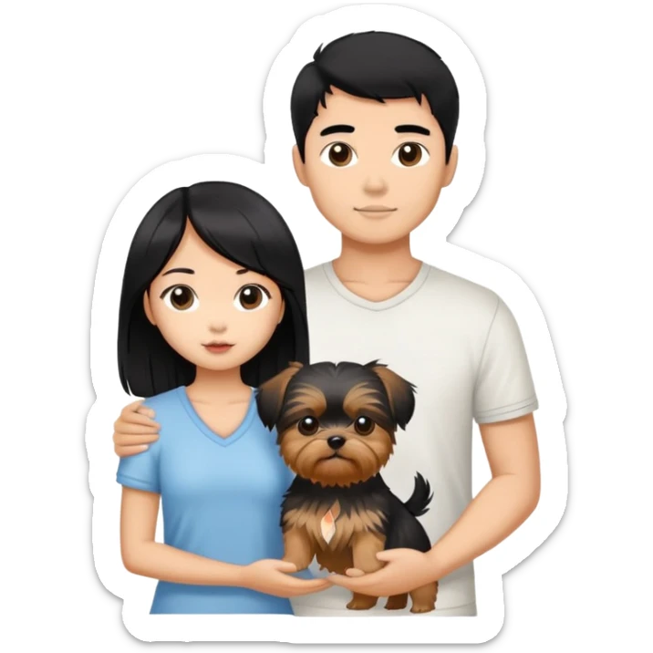beautiful asian girl with black hair holding a yorkshire terrier, standing next to her tanned boyfriend holding a shih tzu sticker