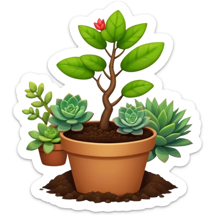 Close-up of a potted sapling in rich soil surrounded by vibrant plants and succulents. Bright sunlight filters through the window, casting soft shadows. Nearby gardening tools rest on a wooden table. Cozy indoor atmosphere with greenery and flowers. sticker