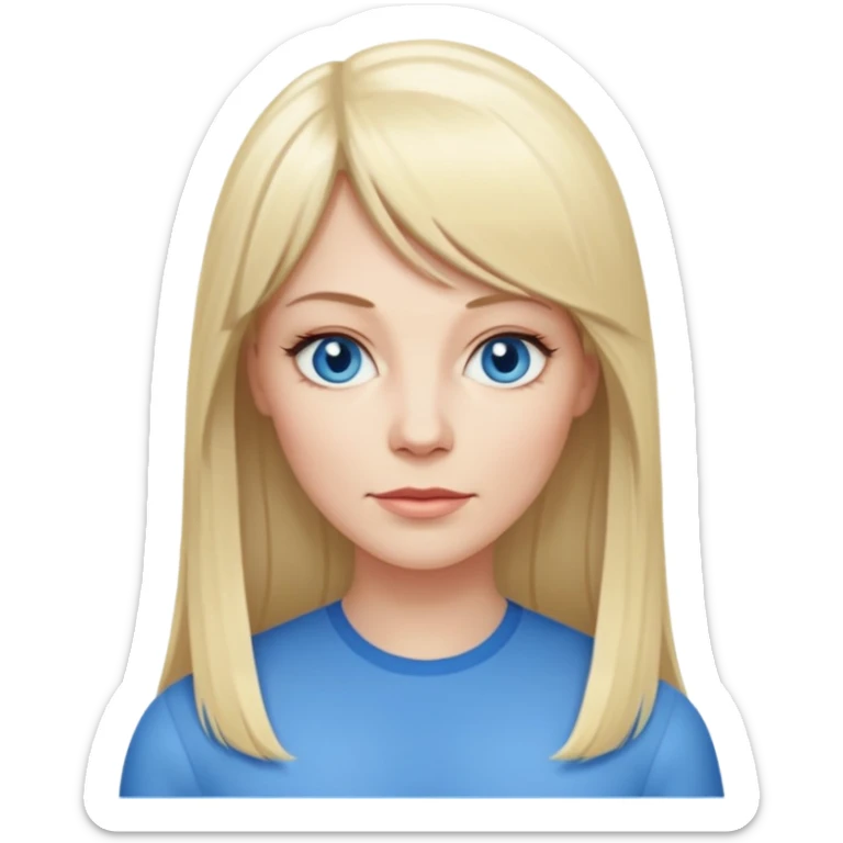 40 yr old white woman, pale skin, long straight blond hair parted in center, blue eyes, bangs sticker