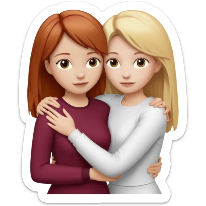 two girls who hug eachother. one has auburn hair with blonde highlights and very pale skin , other has medium-fair skin and blonde hair. girl with auburn or dark blonde hair is wearing a white outfit and girl with blonde hair is wearing a burgundy outfit sticker