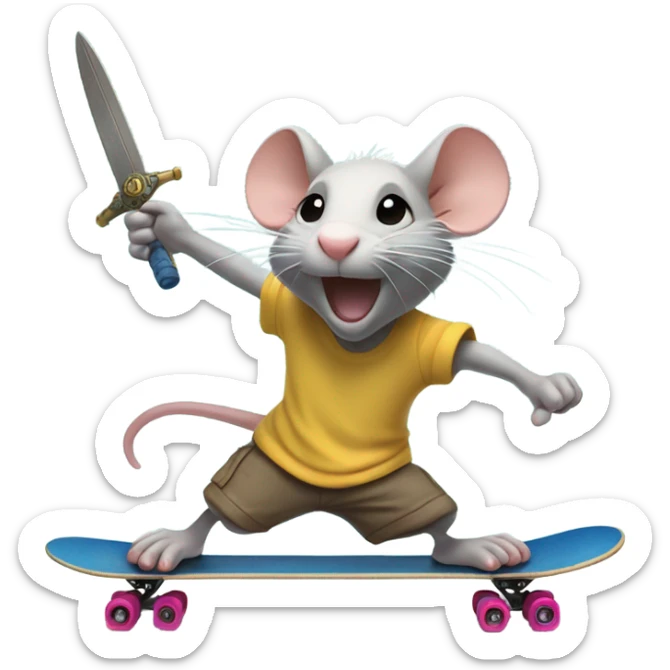 Rat riding a skateboard with a sword in hand and a fish flopping around on the ground sticker