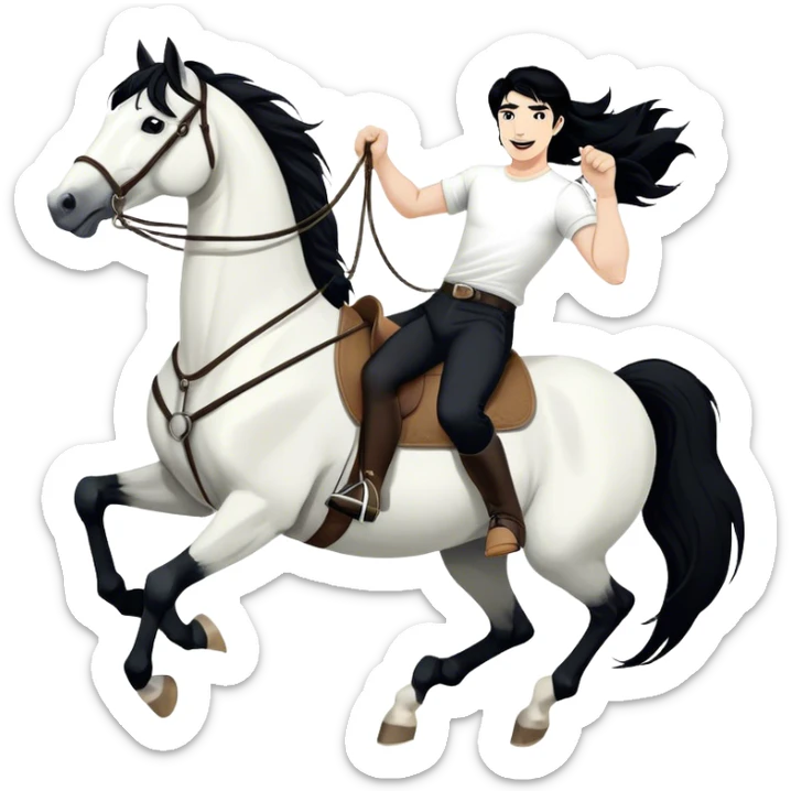 A hand-drawn, black-and-white digital illustration in a playful, cartoonish style. A man with solid black hair and solid black pants is riding a horse, holding the reins with confidence. He has a joyful and adventurous expression as the horse moves forward with energy. The horse has a flowing solid black mane and tail, with strong, bold lines emphasizing its movement. Its legs are slightly bent, giving a sense of action. The background is minimal, keeping the focus on the rider and the horse sticker