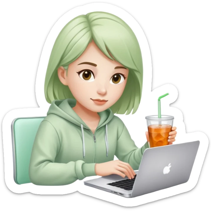 Girl sitting at laptop with iced fruit tea, light sage green tracksuit outfit, working from home sticker