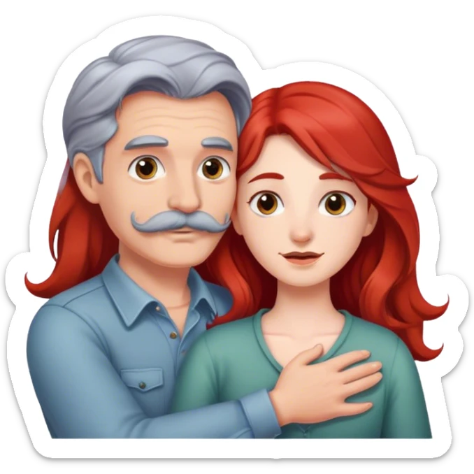 Long red hair girl and gray hair boy with mustache hugging sticker