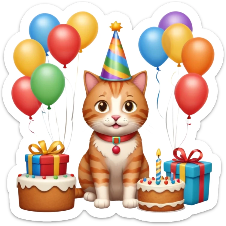 Ginger tabby cat celebrating birthday, birthday hat, birthday cake, balloons, happy, gifts sticker