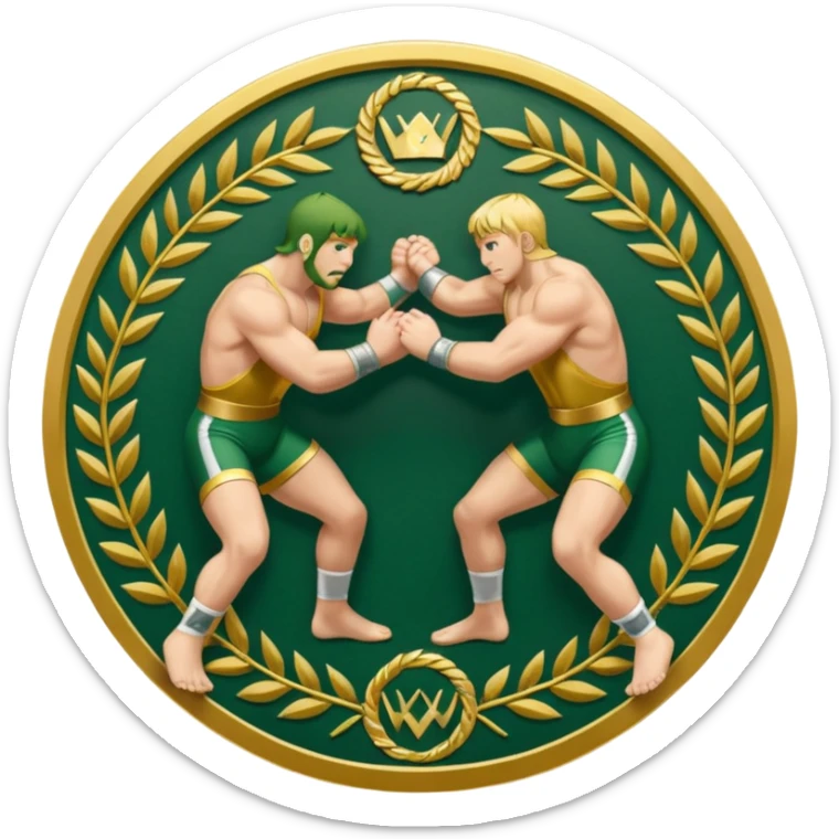 An icon symbolizing wrestling combat sports in the style of an emblem. The design features two wrestlers locked in a powerful grapple, one attempting to take the other down. Surrounding the scene are stylized elements like a championship belt, wrestling mat, and a laurel wreath. sticker