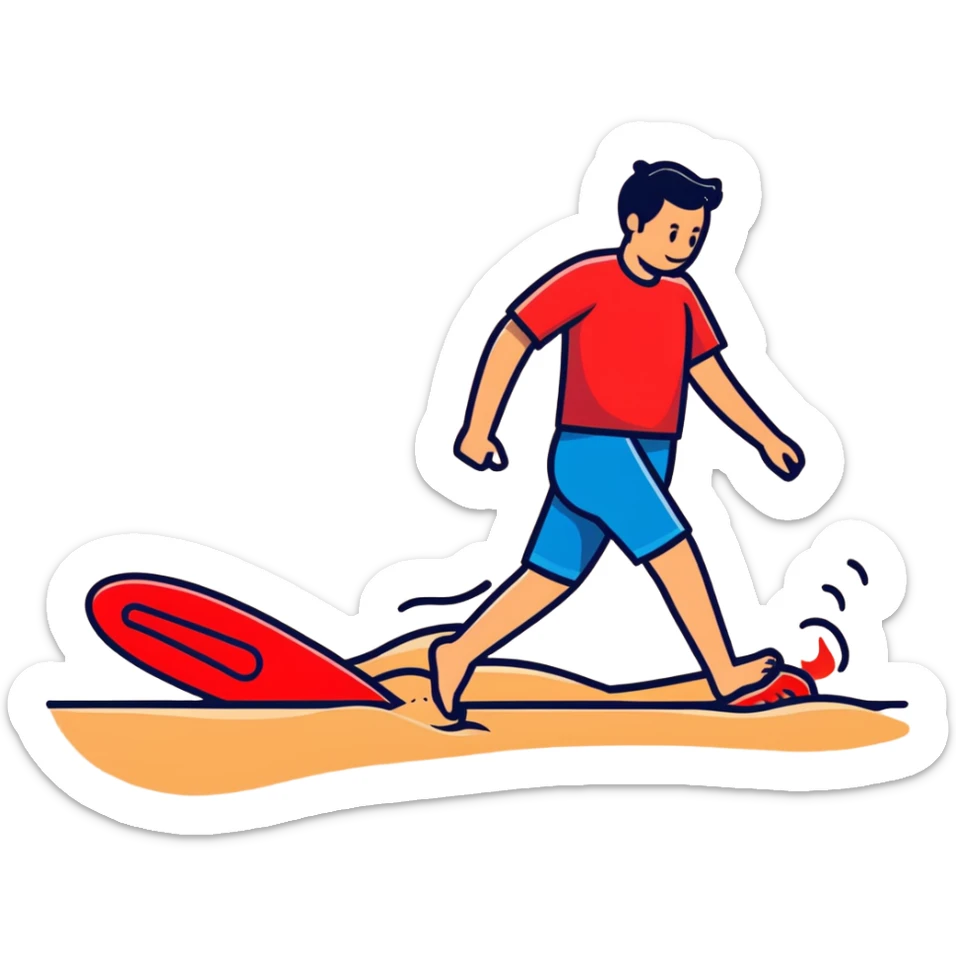 person hopping on hot beach sand with red pain marks on foot and steam rising from the sand sticker