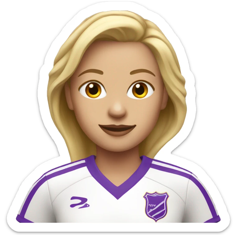 a blonde woman in a white soccer jersey with purple pinstripes going down sticker