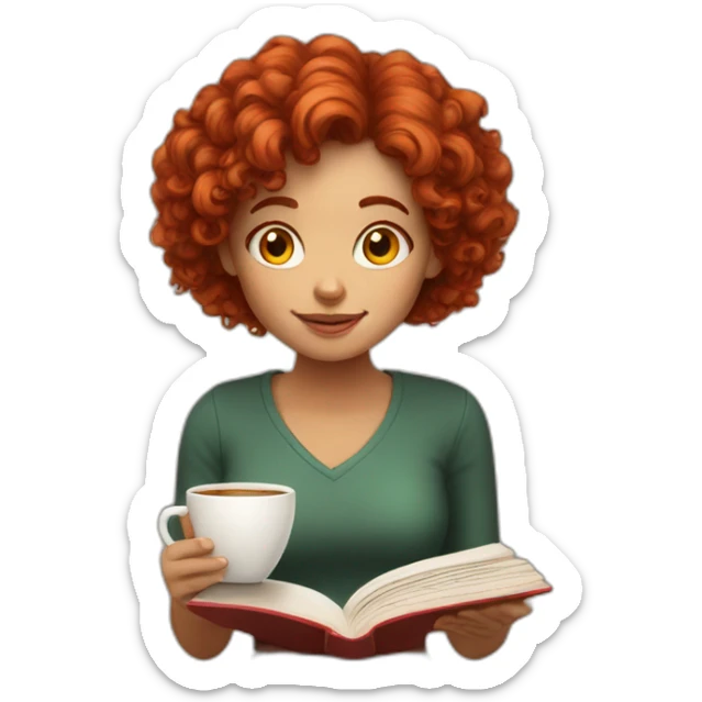 girl with red curly hair to the shoulders reading a book and drinking coffee sticker