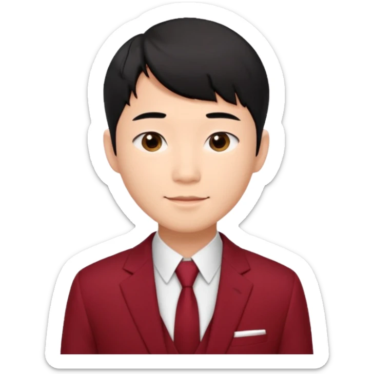 handsome Asian man emoji, short black hair with soft fringe, clean and elegant look, fair skin, gentle smile, wearing dark red suit and white shirt sticker