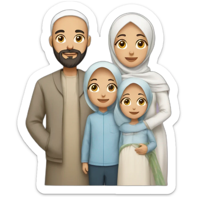 Muslim family with bearded and bald father , mother wearing hijab, two sons and one new born daughter sticker