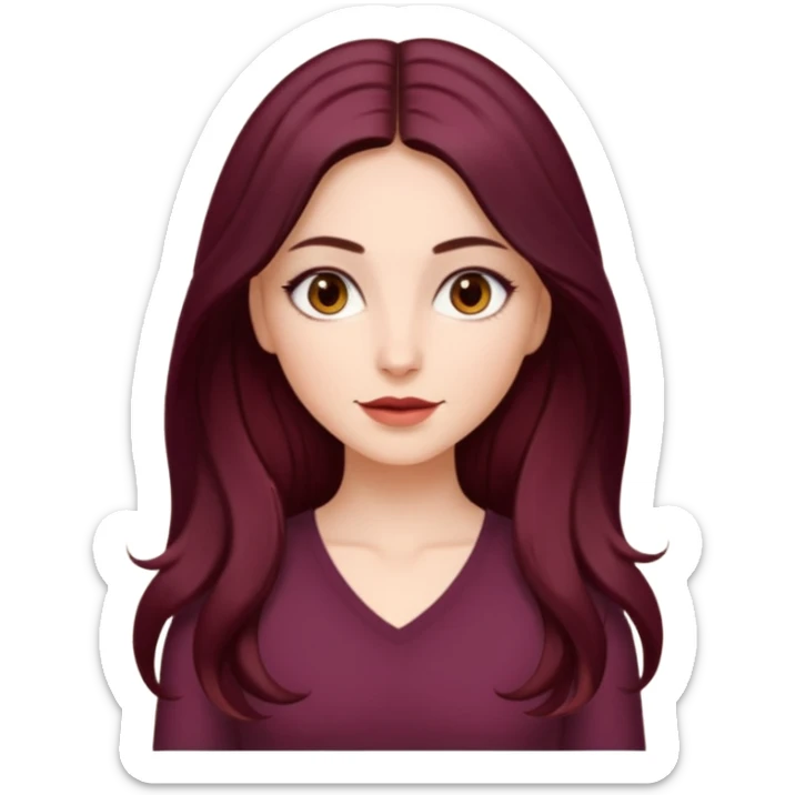 young white woman 
brown almond eyes
Long waist-long hair, center parted
slightly wavy
dark burgundy hair sticker