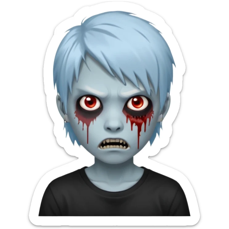  3D emoji-style avatar with very pale blue-grey zombie skin , a young Asian face, and large eyes with blood tears. Give it white litle bit messy mullet hair style , silver hoop earrings, and a plain black T-shirt. The face expression should be slightly angry, with vampire fang sticker