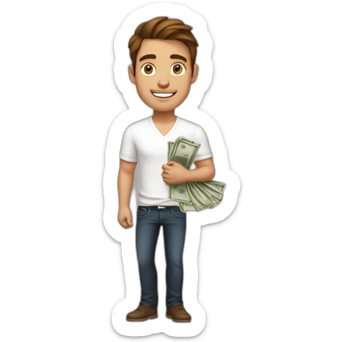 A young fit man with a white shirt with forward Brown hair and beige skin and with money in his hand sticker