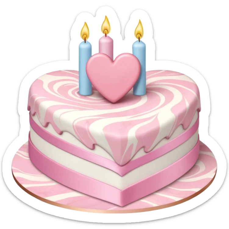 heart shaped birthday cake, pastel pink and white marbled, cute and simple, ribbon decoration, no candle sticker
