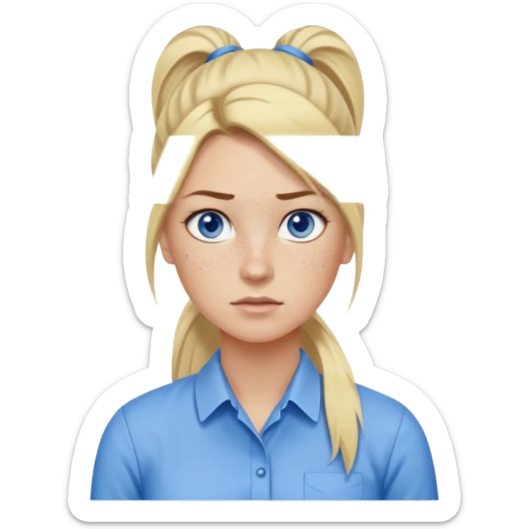 Just a head, blonde hair with lowlights in a ponytail, blue eyes, some freckles, a little older female ready to get some tasks done at work, no bod sticker