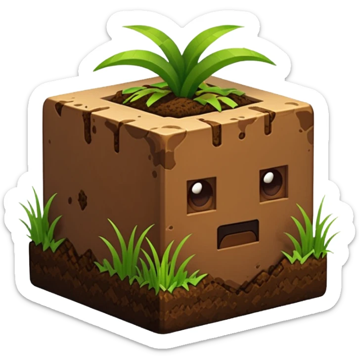 cube of dirt with grass on top, blocky and cute, Minecraft inspired, emoji style sticker