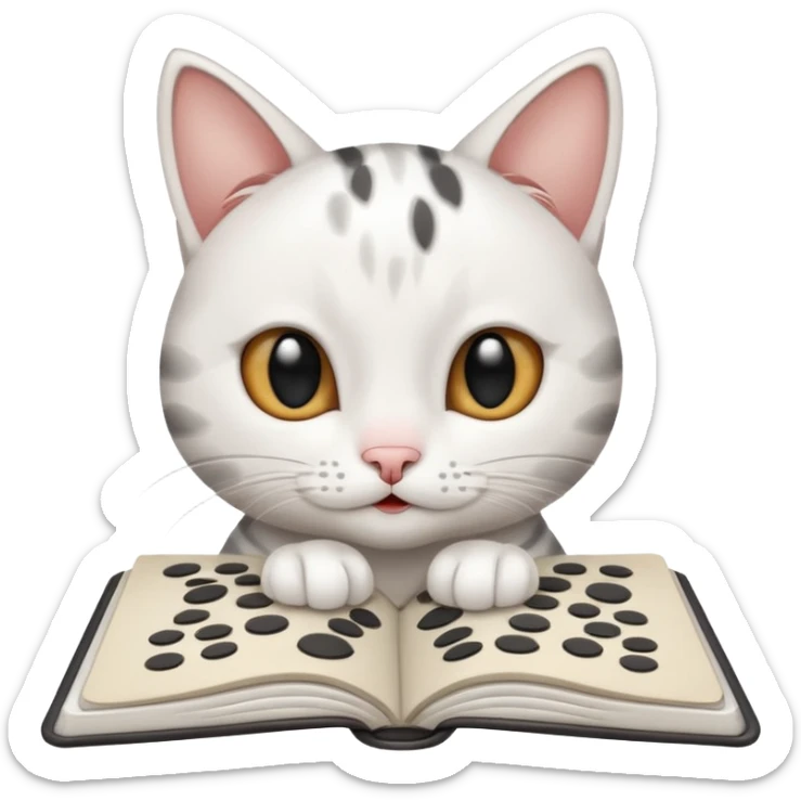 gatita feliz blanca con manchas negras atigradas viendo una libreta anillada  sticker