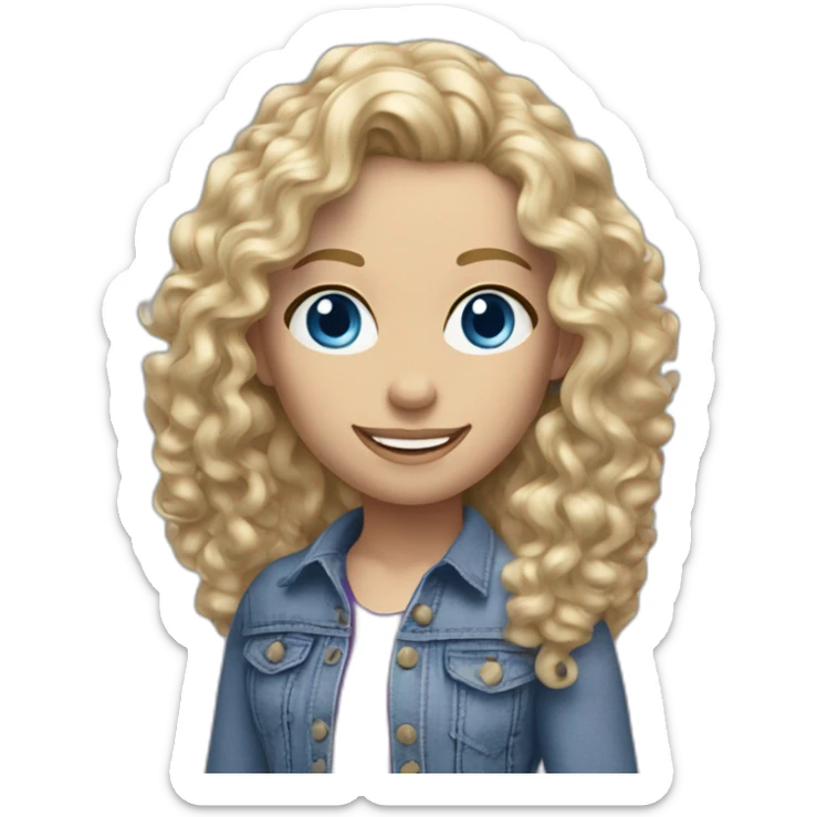 realistic caucasian long curly blonde blue eyed woman purple top blue jeans white sneakers sticker