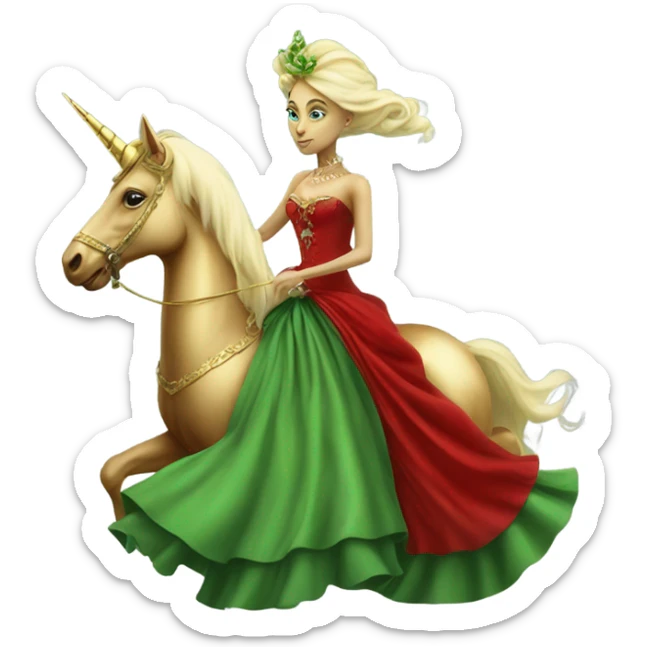 "galora green blonde alien woman" in red Victorian elegant dress, full body, rides unicorn gold and white
(NO WOKE)
 sticker