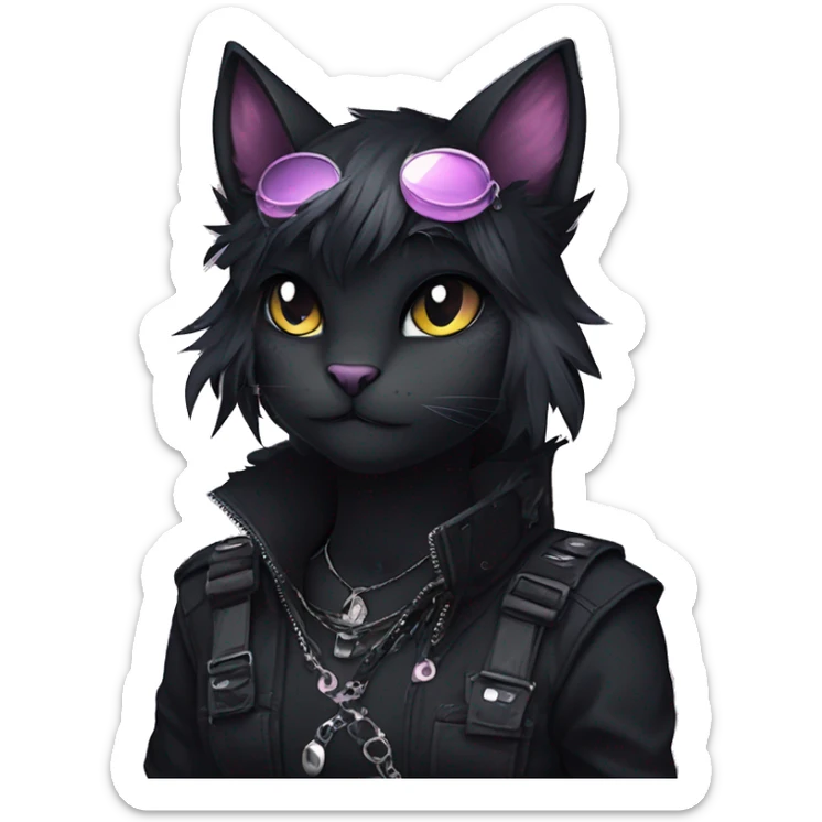 Gorgeous furry dark punk techwear anime style anthro black cat fursona with blushing face aesthetic and pretty edgy black with collar and harness trending style sticker