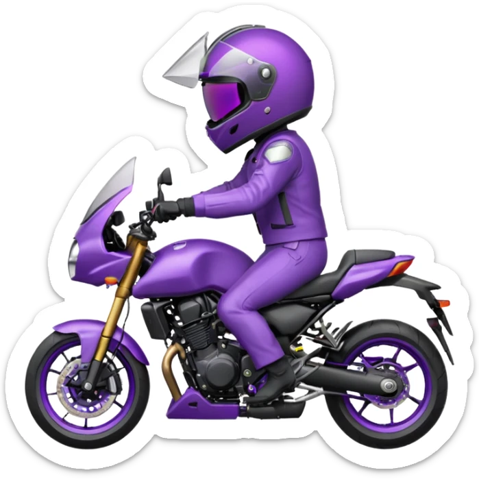 Créer un emoji avec une moto mt07 sport noir mate / violet iridescent très foncé. Avec une pilote dessus visière violet sombre faceless, bulle de la moto violet. Avec fond arrière violet, tenue complète casque inclus violet  sticker