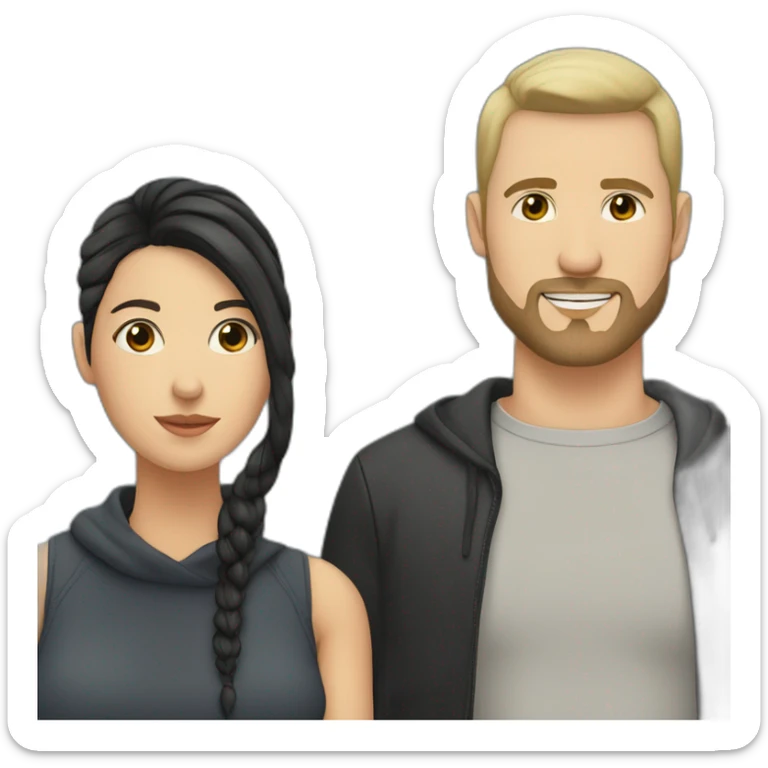 love couple  white man with black buzz cut and beard hanging matt woman with wavy dark hair sticker