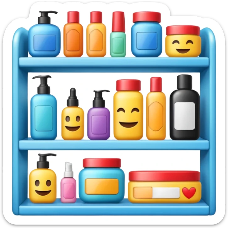 emoji of front view beauty product shelf with last item with brand label sticker